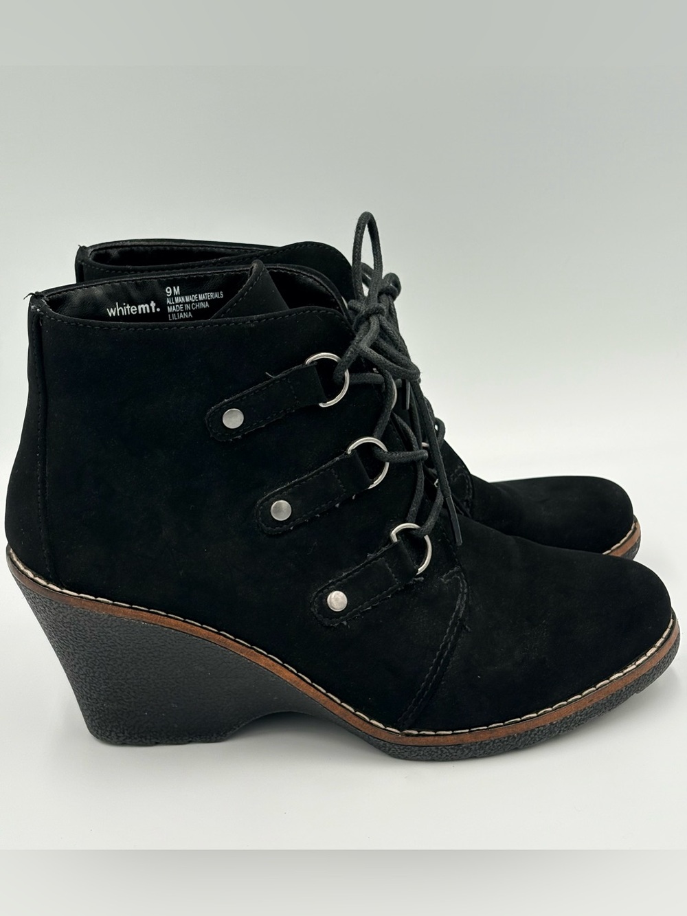 White Mountain Black Boho Moto Lace Up Wedge Ankle Boots Western Size 9